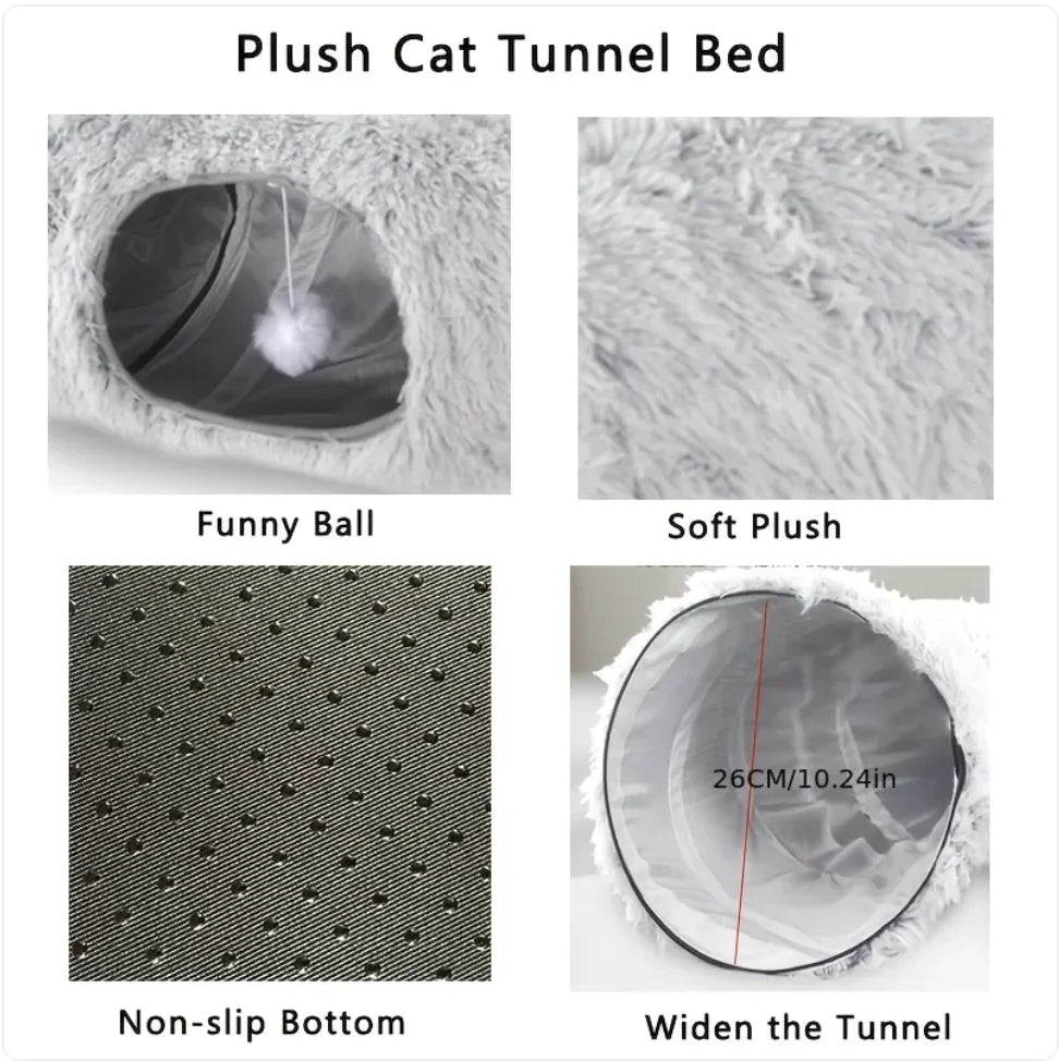 Cozy Plush Cat Tunnel & Nest – Foldable Winter Pet Kennel