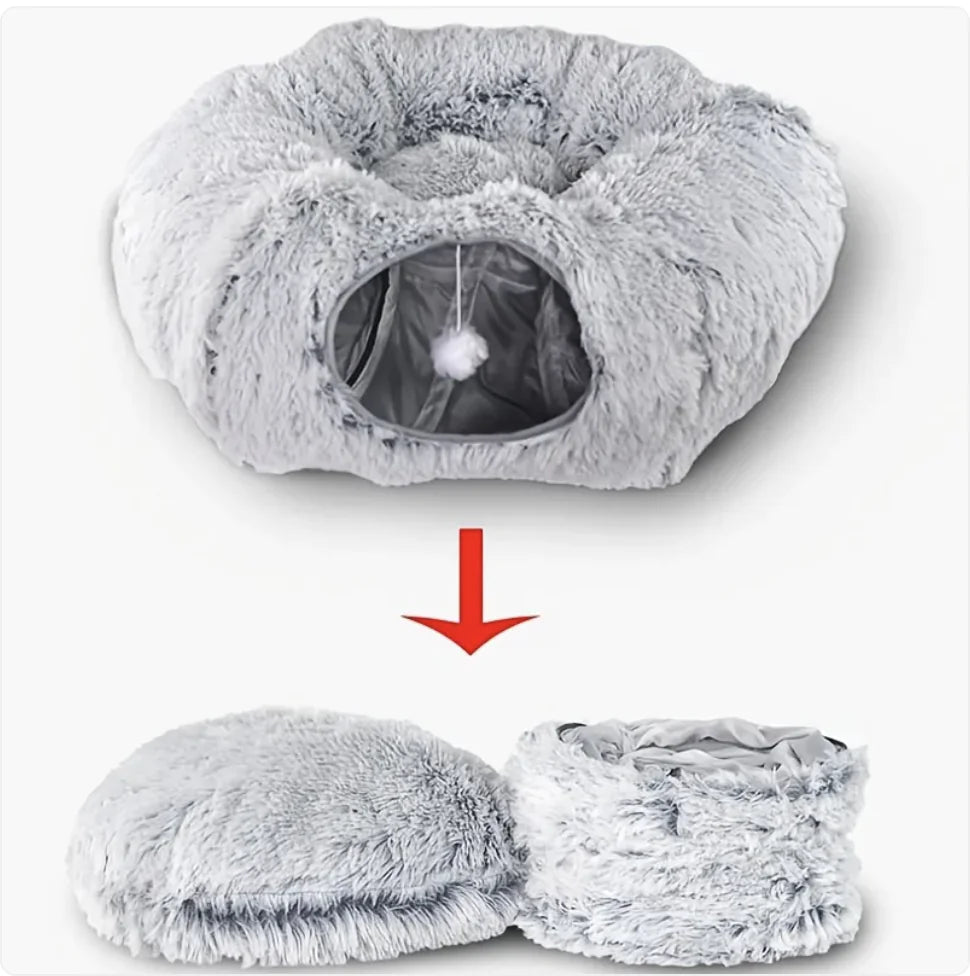 Cozy Plush Cat Tunnel & Nest – Foldable Winter Pet Kennel