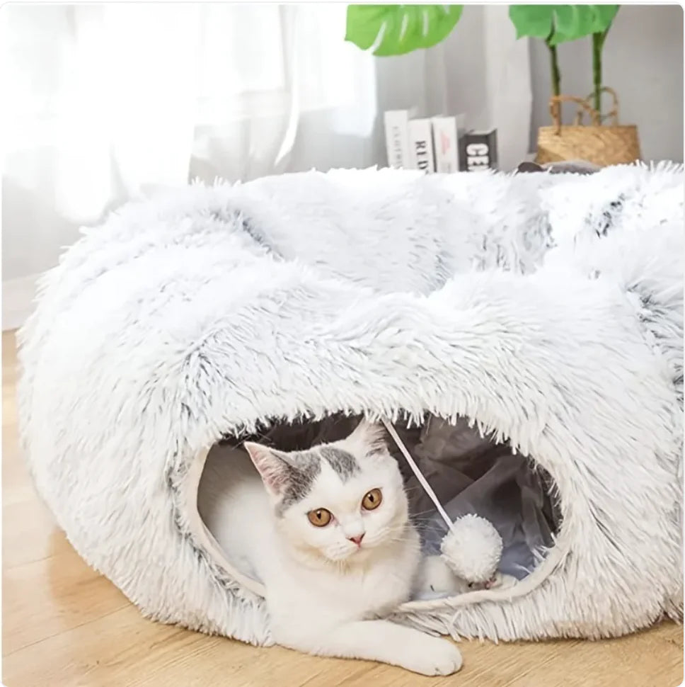Cozy Plush Cat Tunnel & Nest – Foldable Winter Pet Kennel