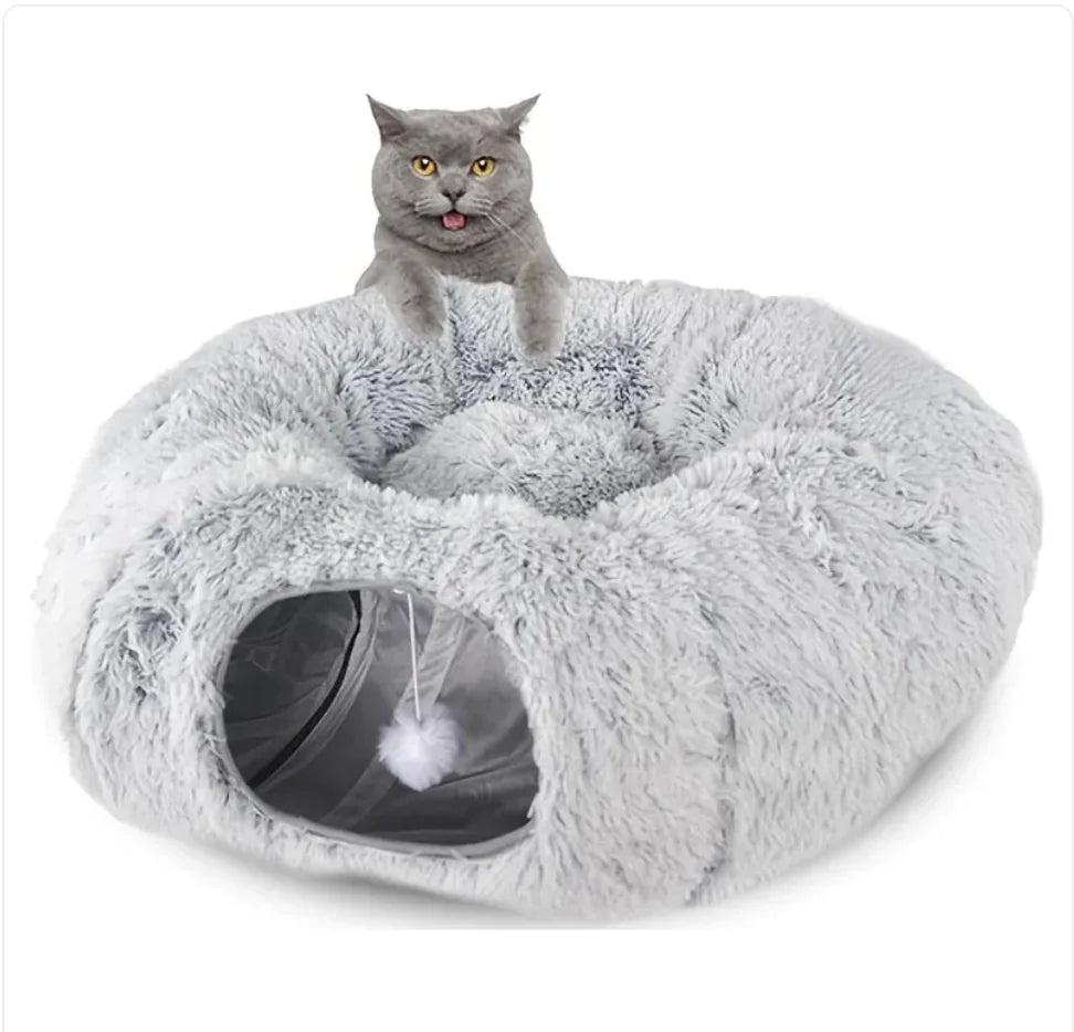 Cozy Plush Cat Tunnel & Nest – Foldable Winter Pet Kennel