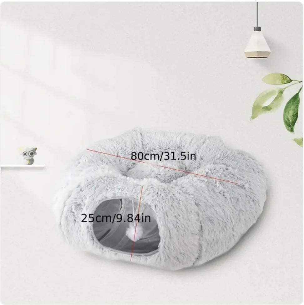 Cozy Plush Cat Tunnel & Nest – Foldable Winter Pet Kennel