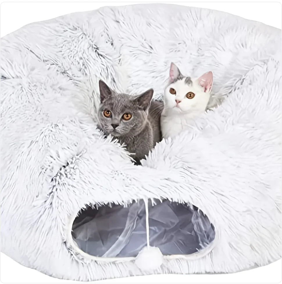 Cozy Plush Cat Tunnel & Nest – Foldable Winter Pet Kennel